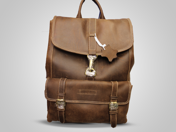 Classic Brown Leather Roll-Top Backpack